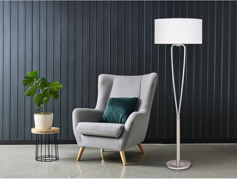 Designer led Stehleuchte Silber mit Stoffschirm Weiß, Höhe 160cm