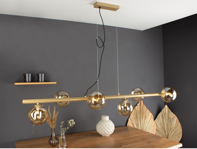 Thumbnail - Led Pendelleuchte 6 flammig Messing & Amberglas 200cm lang, Breite 144cm