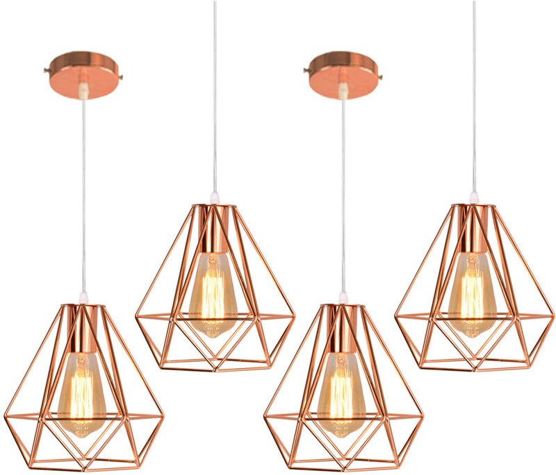 Pendelleuchte Vintage, Metall Kronleuchter im Retro Look, Diamant Hängelampe mit Ø20cm Käfig E27 Fassung Rosegold 4PCS
