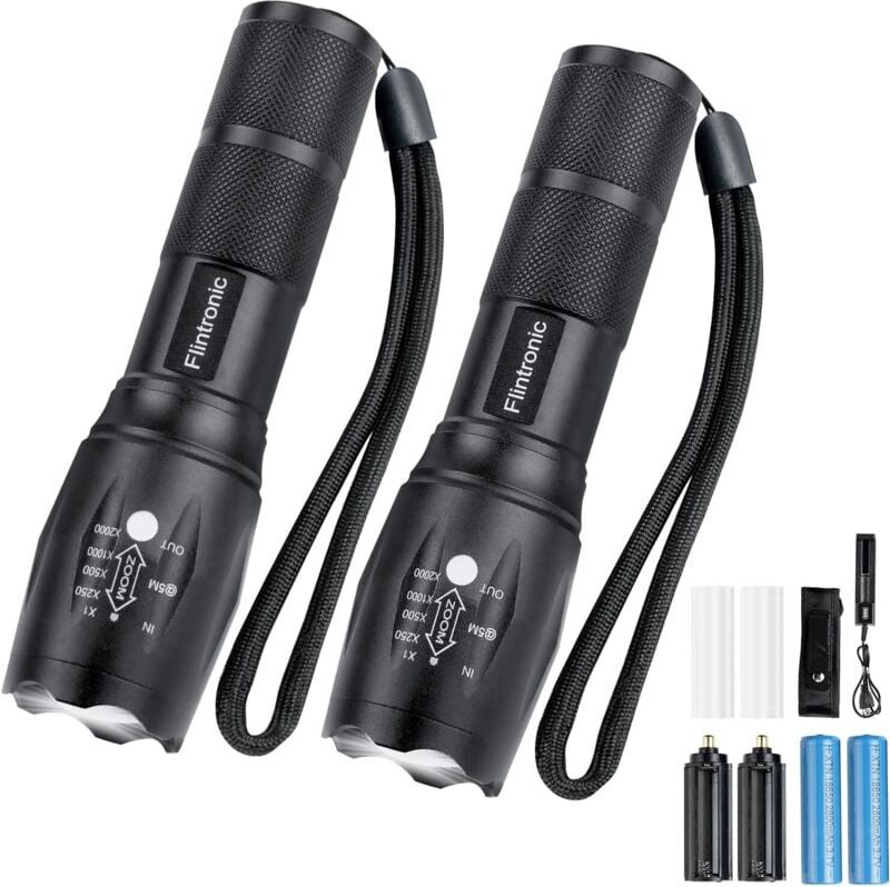 Thumbnail - Ultrastarke LED-Taschenlampe, 2 Stück, 3500 Lumen, mit 2 18650-Akkus, USB-Ladegerät und Holster, 5 Modi, wasserdicht, st...