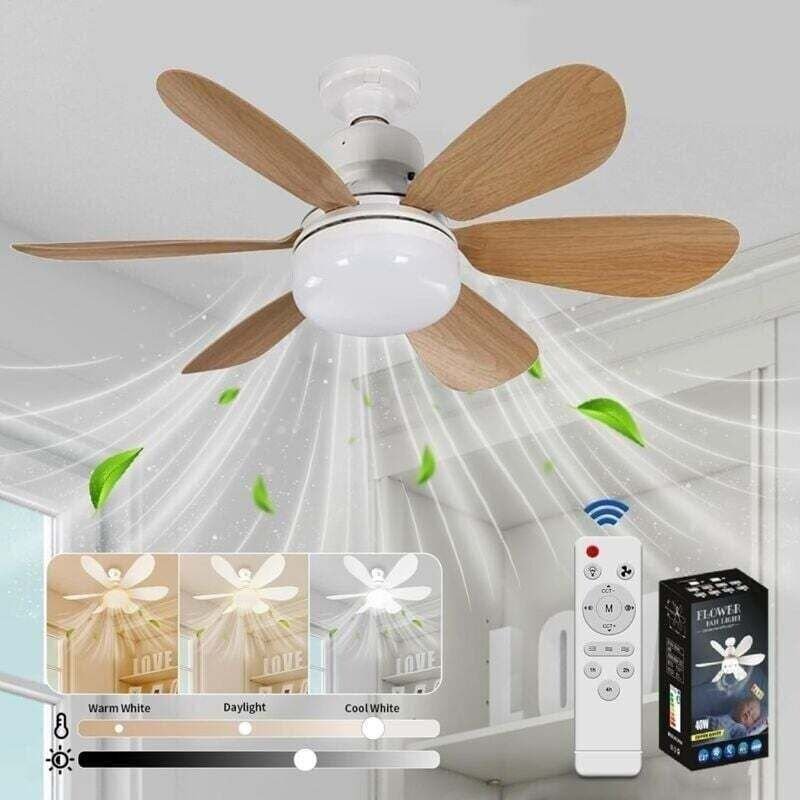 Deckenventilator mit Licht und Fernbedienung, dimmbarer LED-Deckenventilator mit integrierter 40-W-E27-Lampe, 6 Flügel, ...