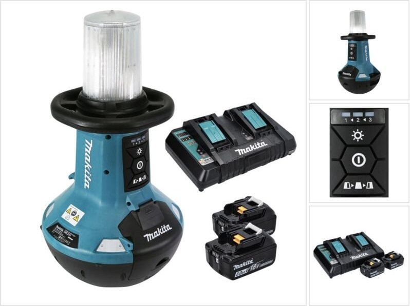 Makita - dml 810 pt Akku led Flächenlicht 18 / 36 v ( 2 x 18 v ) 5500 lm IP54 + 2x Akku 5,0 Ah + Doppelladegerät