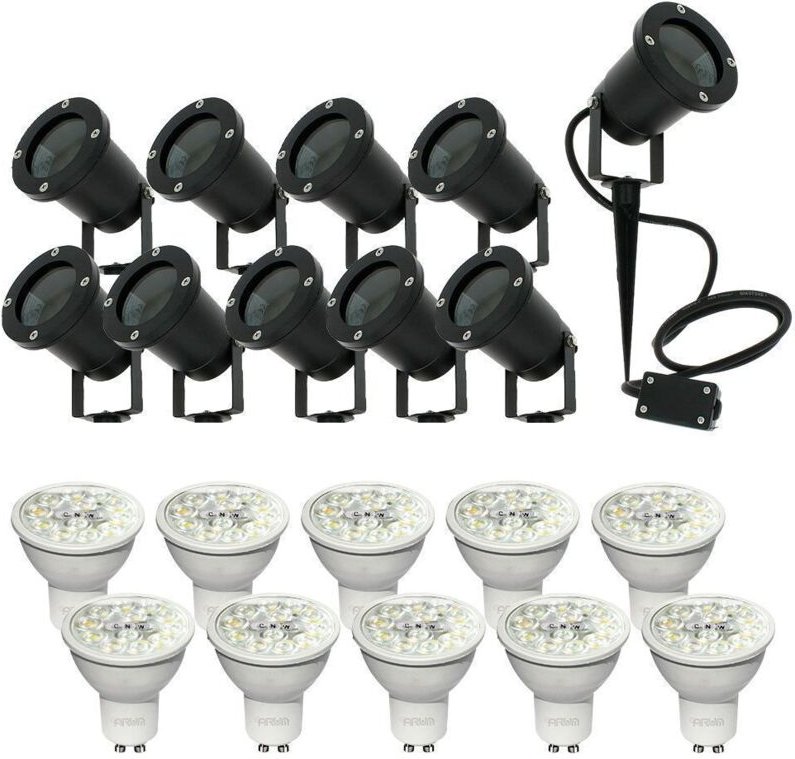 Set mit 10 wasserdichten IP65-Stabstrahlern + 10 GU10-6-W-Glühbirnen. Warmweiß, Naturweiß, Kaltweiß