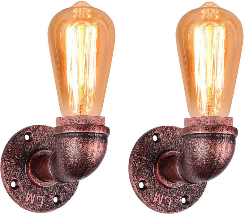 2Pcs E27 Wandlampen Retro Industrielle Wasserrohr Kreative Metall Beleuchtung Wandleuchte Restaurant Küche (Roter Rost)