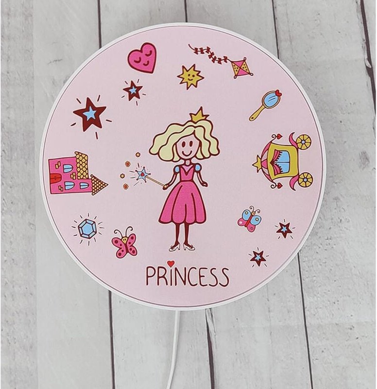 Kinderzimmer Wandlampe Rosa mit Prinzessin Motiv, Schalter und Stecker, Ø 25cm