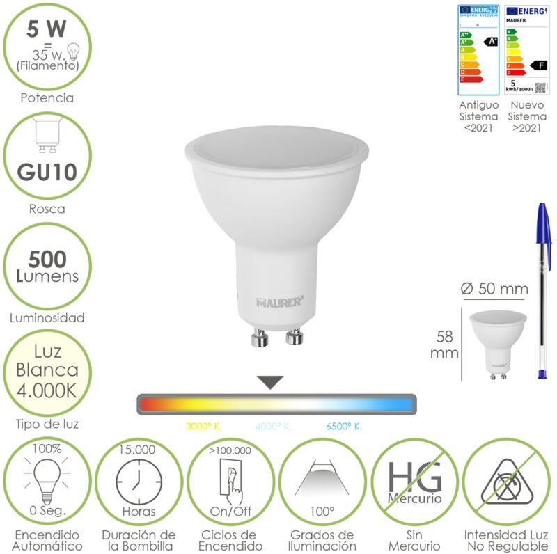 Maurer - Bombilla Led Dicroica Rosca GU10. 5 Watt. Equivale a 35 Watt. 500 Lumenes. Luz Neutra 4000º k