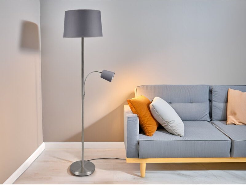 Meinewunschleuchte - Große Stehlampe henta mit Leselampe und Stoffschirm Grau, Höhe 170cm