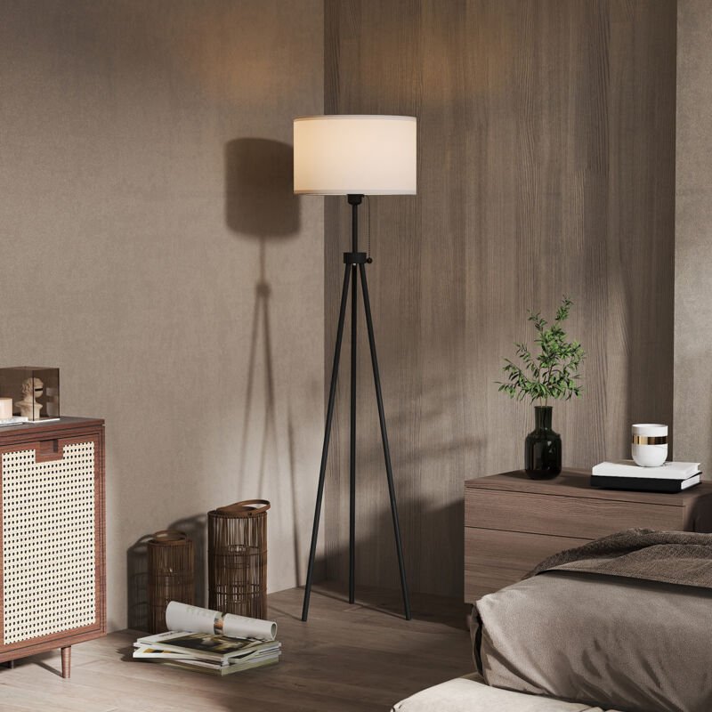 Moderne Stehlampe, Standleuchte E27, Stahl & Polyester, Schwarz/Weiß, 37x37x152 cm, für Wohnzimmer & Schlafzimmer