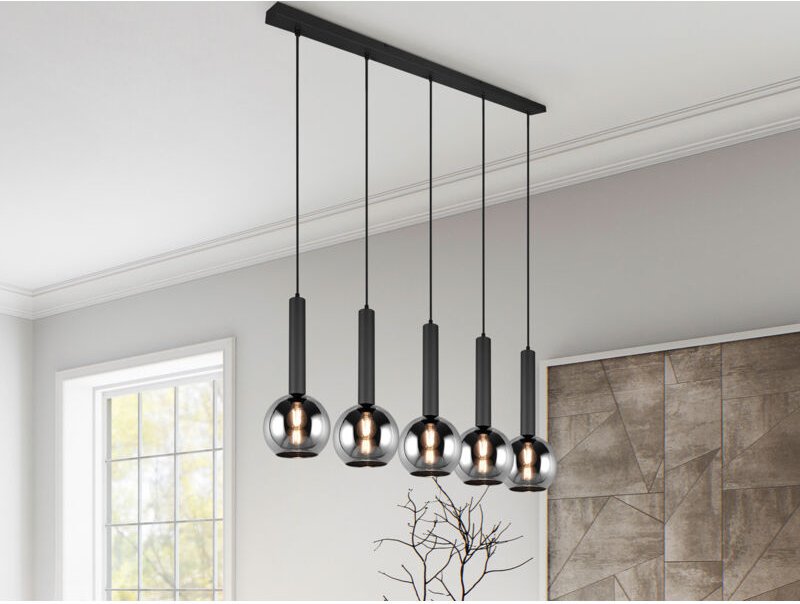 Thumbnail - Pendelleuchte clayton Industrial 5 flammig mit Rauchglas Kugeln, Breite 115cm