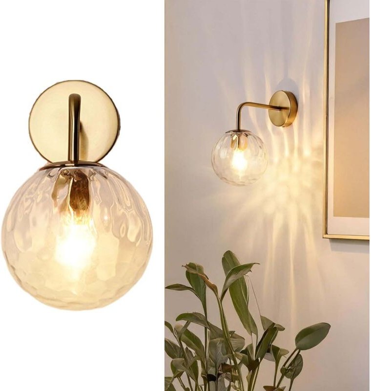 2Stk Wandlampen Kugel Glas Amber, Goldene Wandleuchten mit Strukturglas Modern Dimmbar, Ideal für Schlafzimmer Wohnzimme...