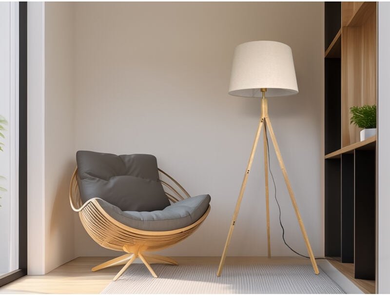 Meinewunschleuchte - Stehlampe mit Dreibein aus Holz, Stoff Lampenschirm Creme Weiß, Höhe 157cm