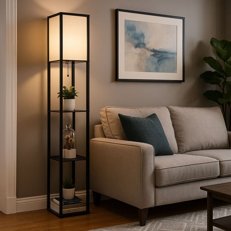 Stehleuchte Holzlampe Standlampe Textil schwarz naturfarben Schlafzimmerleuchte stehend, 1x E27 Fassung, LxBxH 26x26x159...