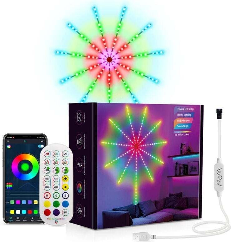 Ruban LED Feux d'artifice à LED avec contrôle par application USB, lumières en forme d'étoile, 156 LED, 213 modes, guirl...