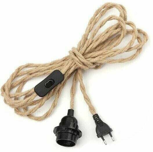 Lustre Corde de Chanvre Câble 3m, Douille E27 Interrupteur avec Fil Cable Ampoule, Pour diy Lampe Suspension Lumière Pen...