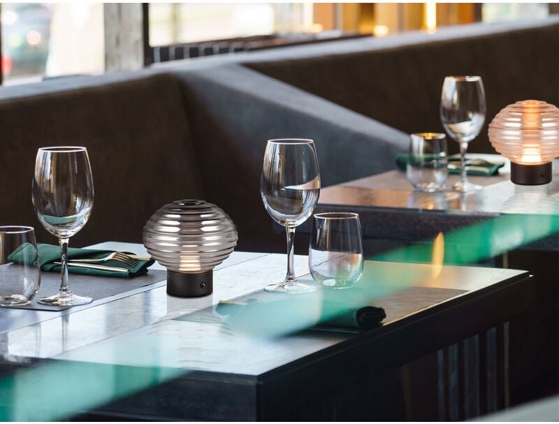 Meinewunschleuchte - 2er set Retro Akku Tischleuchten mit Rauchglas & Bernsteinglas, Höhe 14cm