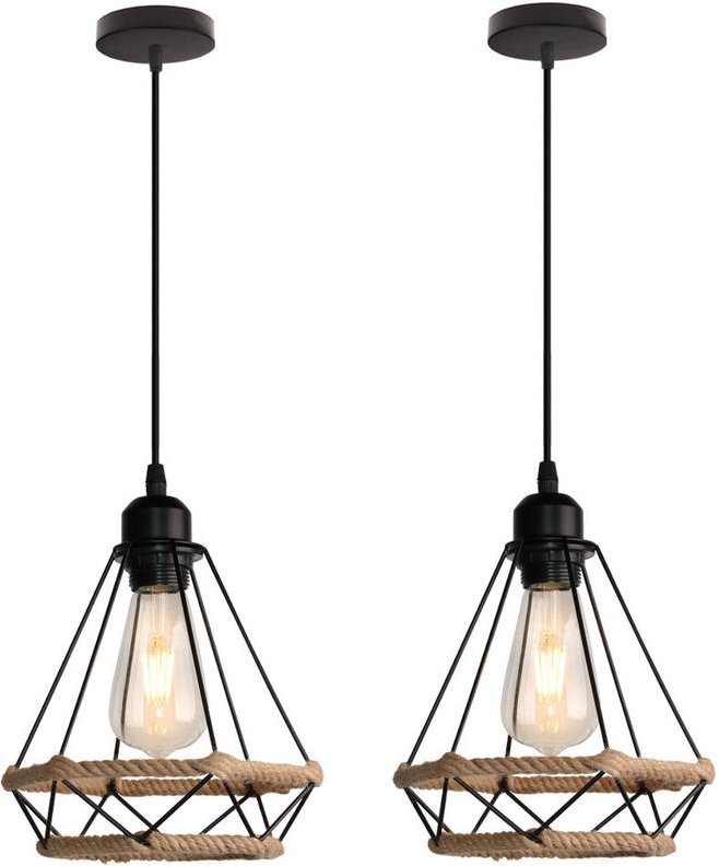 2er Pendelleuchte Hanf Seil Hängelampe mit Käfig Ø20cm Diamant Form Lampen im Industri Stil für für Wohnzimmer Esszimmer...