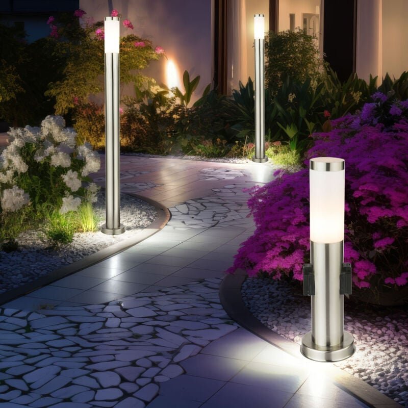 Außenleuchte Stehlampe mit Steckdosen Außensteckdosen Sockelleuchte Stehlampe Edelstahl, 2x Stehleuchte 1x Steckdosenlam...