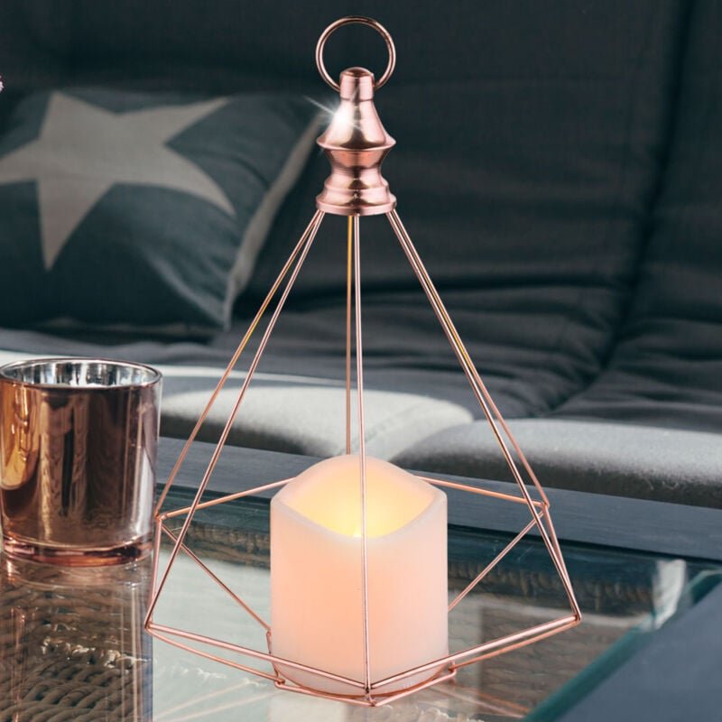 Dekoleuchte Laterne Hängeleuchte led Weihnachtsdeko led Kerze Gitter Design, Metall kupferfarben, LxH 20x26 cm