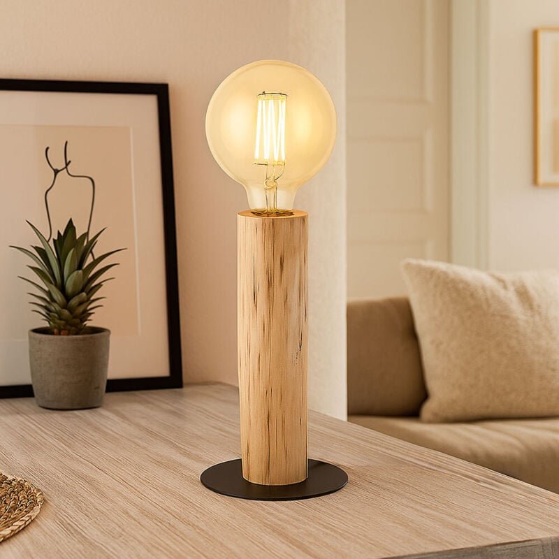 LED Tischlampe Holzleuchte Filament natur Vintage Schreibtischlampe, Metall schwarz, 1x 4W 320Lm warmweiß 1700K, DxH 15x...