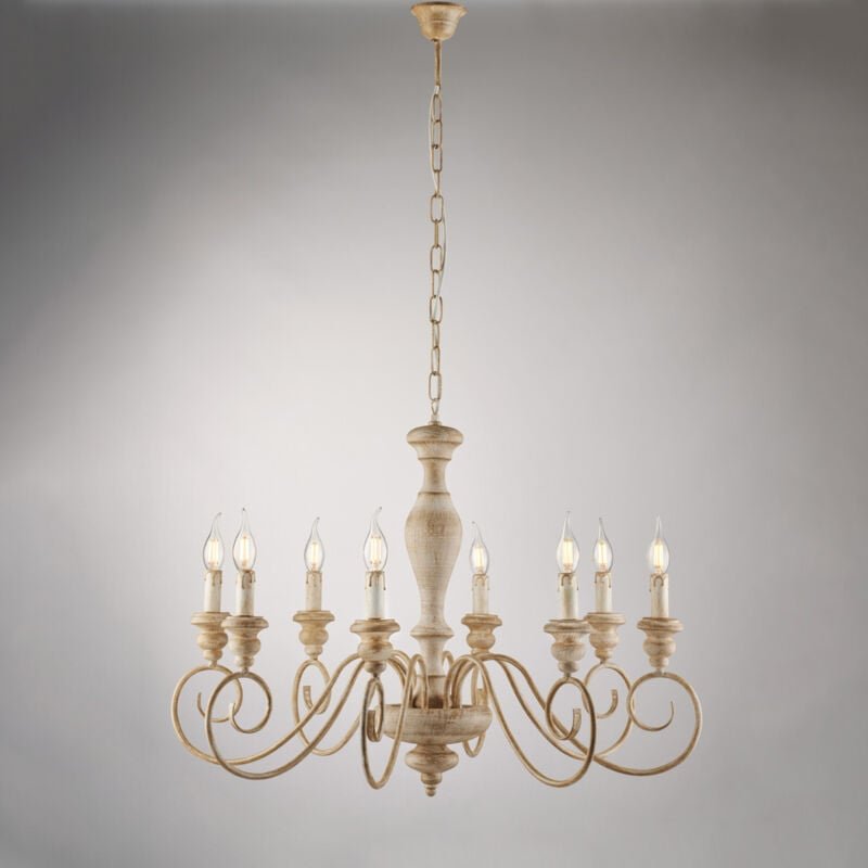 Thumbnail - Cascina – Kronleuchter aus weißem und taubengrauem Holz und Eisen, 8 Lichter, 121 – Ø82 – BL265-8-BT