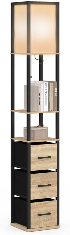 Industrielle Stehleuchte aus schwarzem Holz mit Regalen aus hellem Holz 3 Schubladen Stoff UTAH und quadratischem weißem...