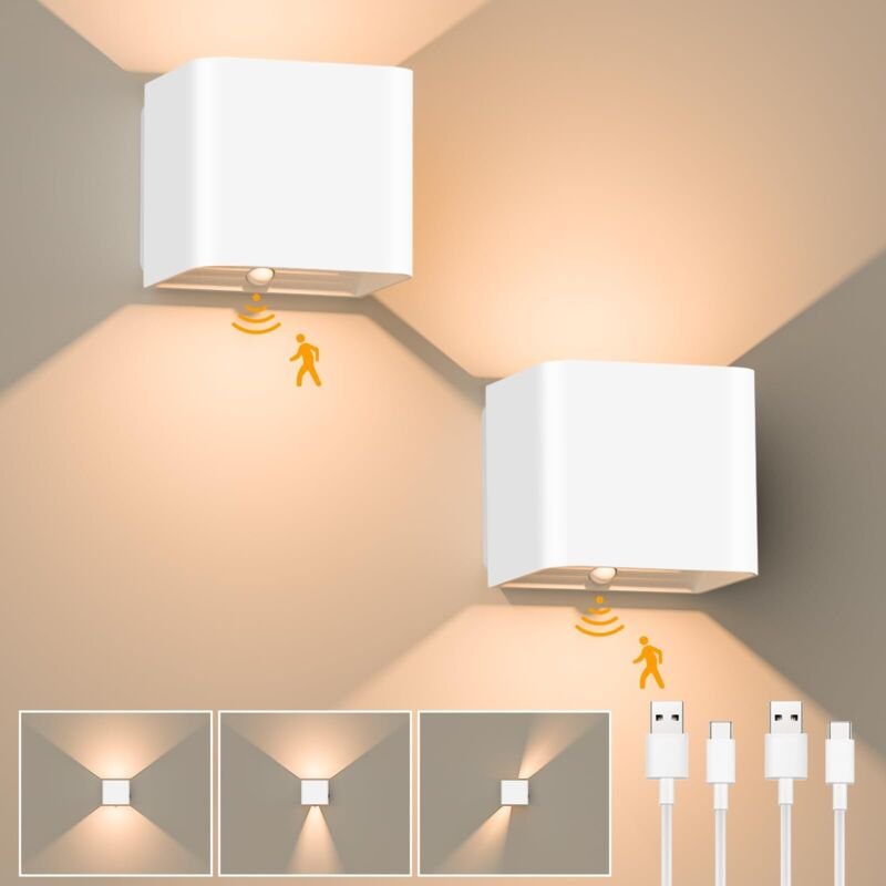 Thumbnail - Wandleuchte für den Innenbereich, 2 Stück Wandleuchte mit Bewegungsmelder, wiederaufladbare LED-Wandlampe, 3000 K warmwe...
