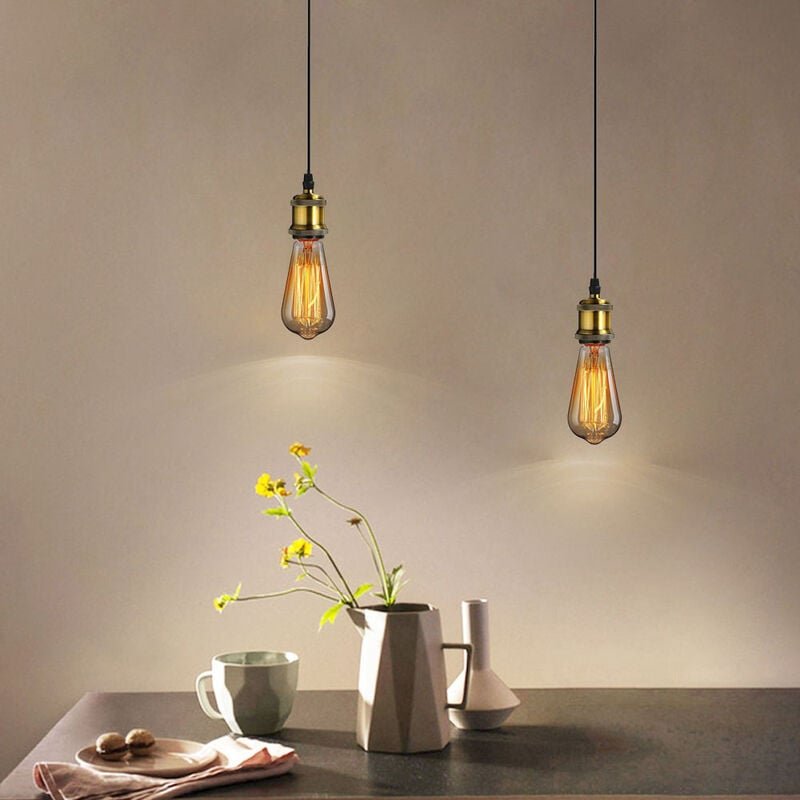 2x Dachgeschoss Pendelleuchte Vintage Retro Lüster Metall + E27 Lampenfassung, Edison-Stil, Schwarz & Antikes Messing