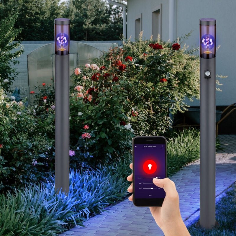 Stehleuchte mit Bewegungsmelder Außenleuchte Standlampe Edelstahl anthrazit, rauch, App Steuerung, 1x Smart rgb led 10W ...