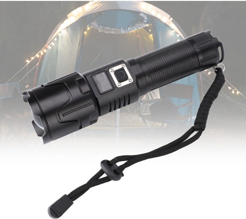 Superhelle Taschenlampe, 3 Modi, zoombar, IPX4, wasserdicht, wiederaufladbare LED-Taschenlampe mit LCD-Display für Campi...