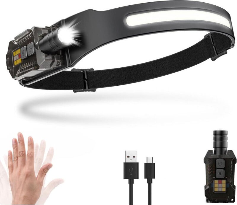 LED-Stirnlampe, 230°-Zoom, 1500 mAh, Bewegungssensor, abnehmbarer Magnet, IPX5-wasserdicht, zum Angeln und Camping.