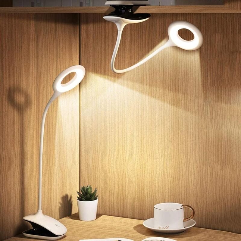 LED-Leselampe mit Klemmbefestigung, flexibler Hals, USB-aufladbar, für E-Reader, zum Lernen und Arbeiten, Weiß