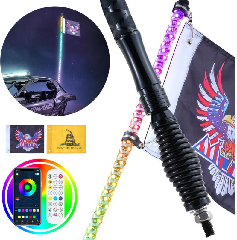 VEVOR 1 Stück 3 Fuß Peitschenlicht mit Federsockel, LED-Peitschenlicht mit App & Fernbedienung, Wasserdichte 360°-Spiral...