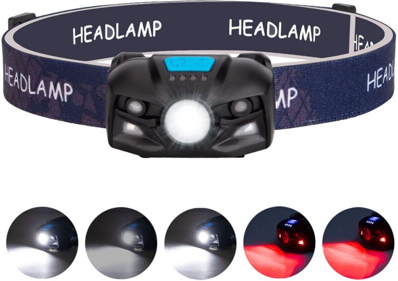 Stirnlampe, wiederaufladbare Stirnlampe mit Bewegungssensor, LED mit 5 Helligkeitsstufen