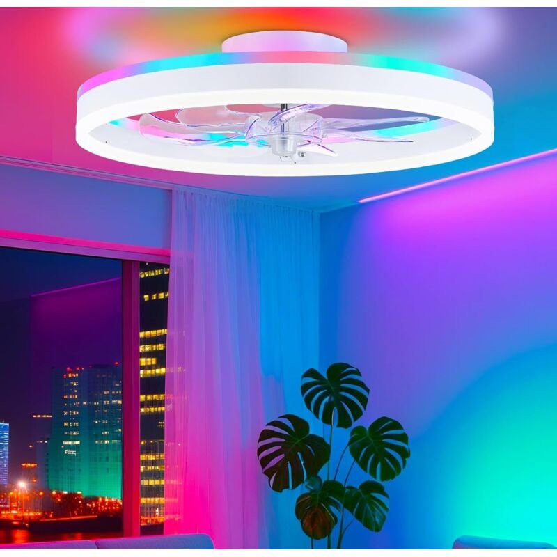 RGB-Deckenventilator mit Beleuchtung, 50 cm Pendel-Deckenventilator, Beleuchtung mit Fernbedienung, App-Steuerung, Weiß