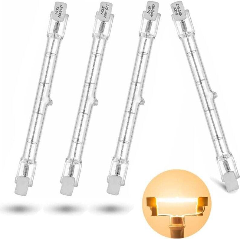 Lampada alogena a tubo, attacco R7S, lampada alogena a tubo T3, 230 V, 300 watt, 118 mm, bianco caldo - 2800 K (4 pezzi)