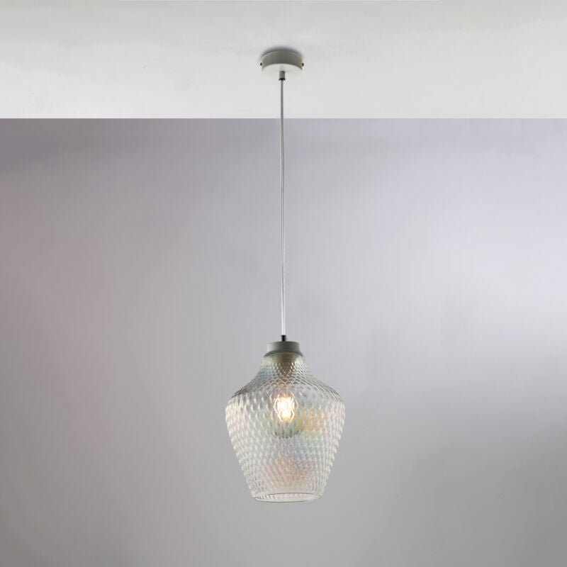 Thumbnail - Sospensione in ferro laccato bianco con cavo elettrico regolabile e diffusore in vetro soffiato trasparente con decoro i...