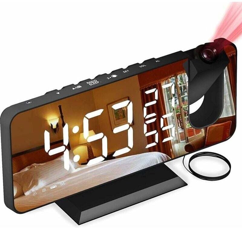 Projektionswecker, Nachttischwecker mit FM-Radio, Digitaluhr mit USB-Ladeanschluss, Schlummerfunktion, 7-Zoll-LED-Spiege...