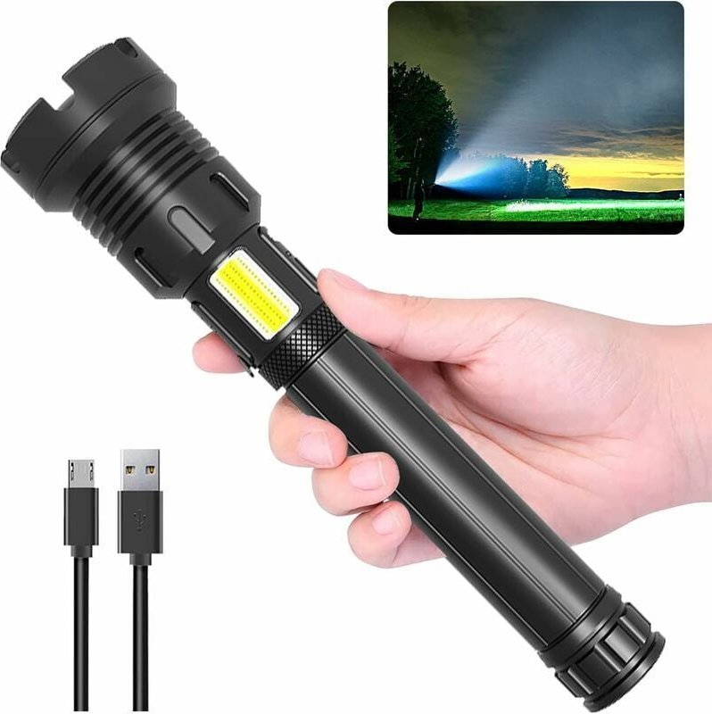 Thumbnail - Ultrastarke LED-Taschenlampe, 90.000 Lumen COB-LED, taktische Militär-Taschenlampe mit 10.000 mAh USB-Akku, IP65 wasserd...