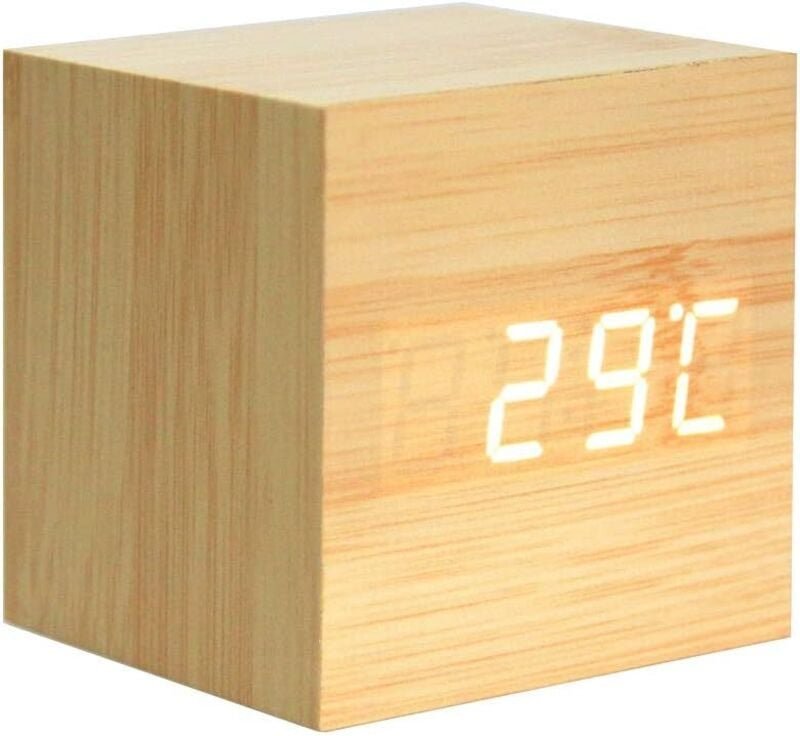 Mini reloj despertador digital de madera con pantalla de temperatura y hora, 3 niveles de brillo y control por voz, idea...