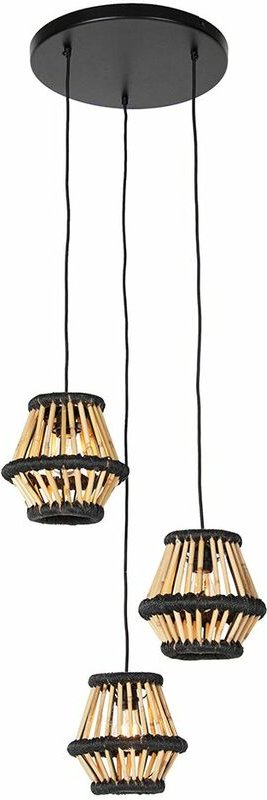 Orientalische Hängelampe Bambus mit schwarzem rundem 3-Licht - Evalin