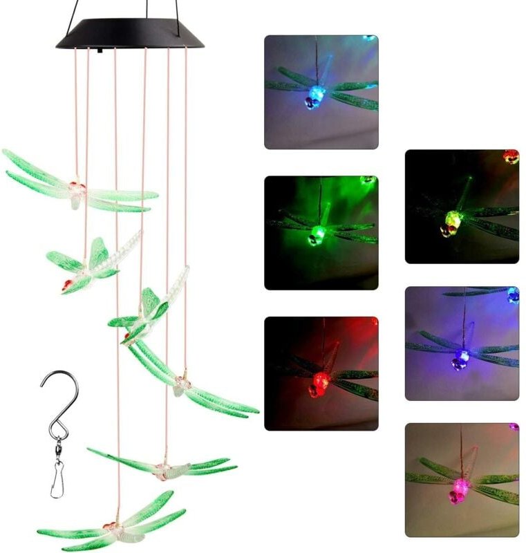Solarbetriebenes Libellen-Windspiel zur Dekoration von Gärten, Terrassen, Pergolen und Balkonen.