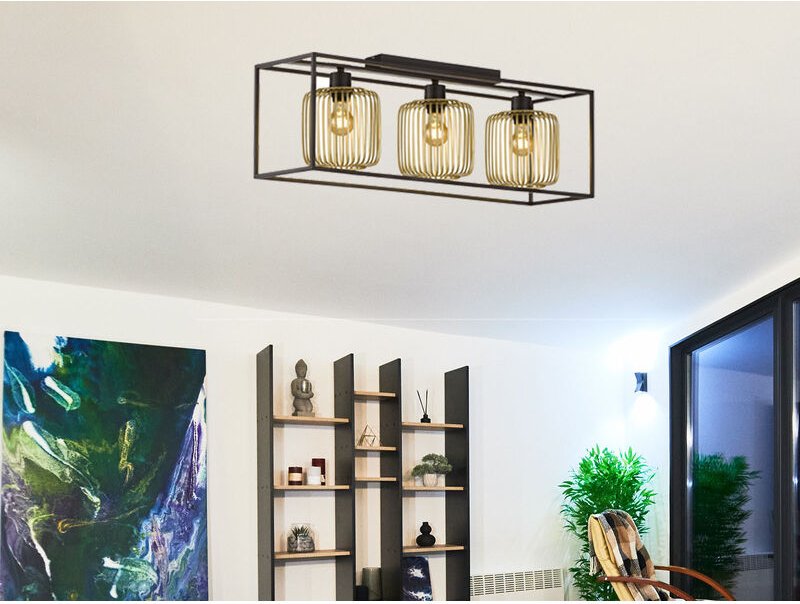 Led Deckenleuchte 3-flammig Schwarz Gold dimmbar über Schalter, Breite 83cm