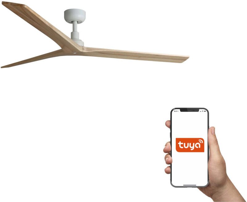 Faro Klim Großer Deckenventilator mit 3 Flügeln, mattweiß, Eichenholz, Tuya Smart System