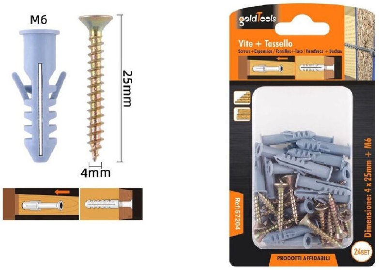 Trade Shop Traesio - Trade Shop - set 24 pezzi viti vite 4 x 25 mm + tasselli mit alet tassello M6 fischer 57204 -
