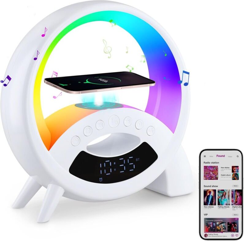 Intelligentes Wecklicht, Ambientelampe, Wecklicht mit kabelloser Ladefunktion, Bluetooth-Lautsprecher & Weißrauschen, So...