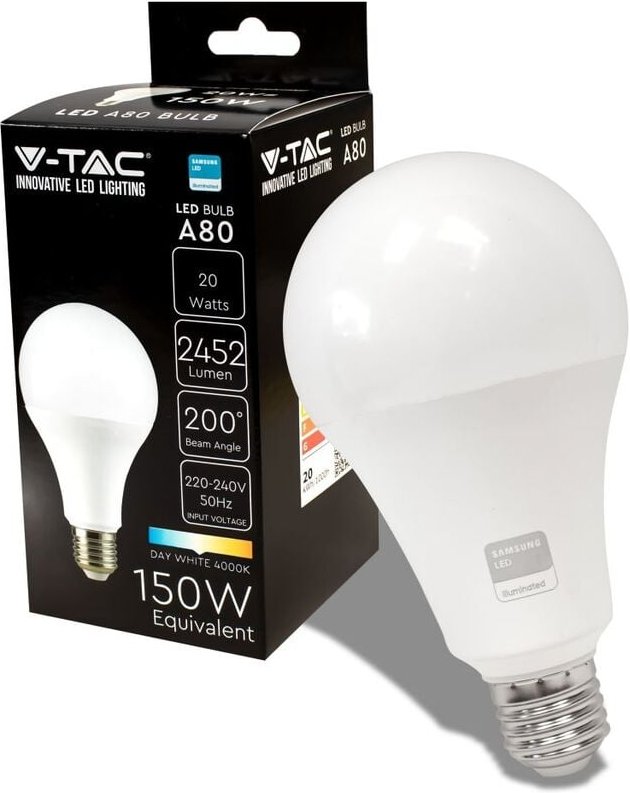 V-tac - Samsung Chip LED-Glühbirne E27 20W 120LM/W A80 Naturweiß