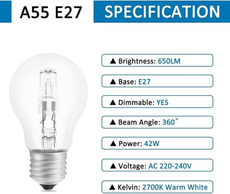 Aougo - Halogenlampe E27 A55 42W dimmbar, AC220-240V, 650LM Warmweiß 2700K, transparente E27-Halogen-Kugellampe für Deck...