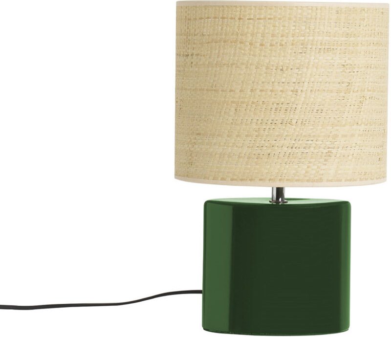 Tischleuchte aus Keramik in dunklem Grün mit Lampenschirm aus naturfarbenem Bast H40 cm tiga