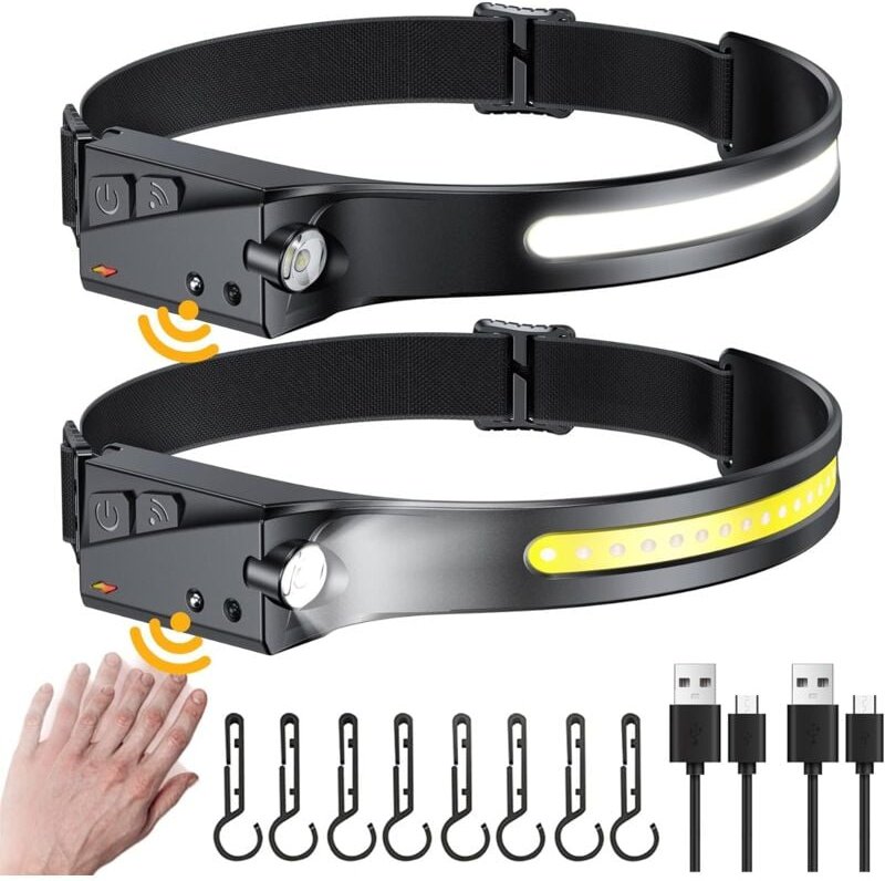 Ersandy - Wiederaufladbare LED-Stirnlampe, leichte und wasserdichte Stirnlampe mit 8 Clips, 230° Ultraweitwinkel 350 lm ...