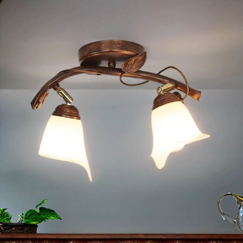 Deckenlampe Wohnzimmer Küche Braun Weiß Shabby Floral Glas Metall